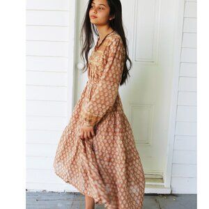 Free People Nani Pani Light Sienna Brown Floral Calico Woodblock Maxi Dress M